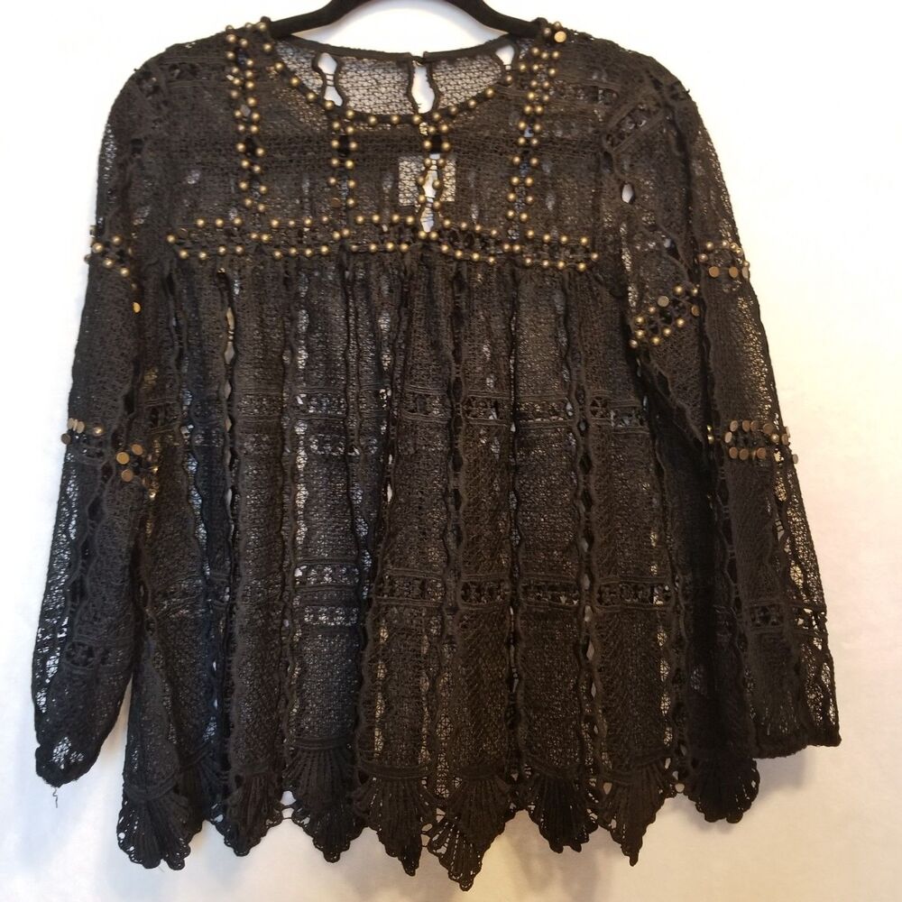 Maeve S Top Auralis Black Lace Eyelet Studded Beaded Sheer Whimsigoth Gothic